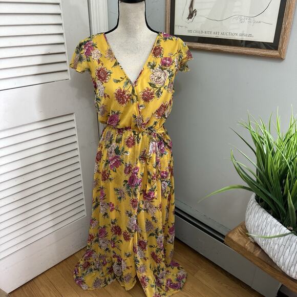 Band of Gypsies Dresses & Skirts - Band of Gypsies Dress Medium Yellow Floral Maxi Faux Wrap Garden Party Fairy